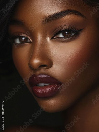 Captivating Portrait of a Stunningly Beautiful Dark Skinned Woman with Dramatic Makeup and Intense