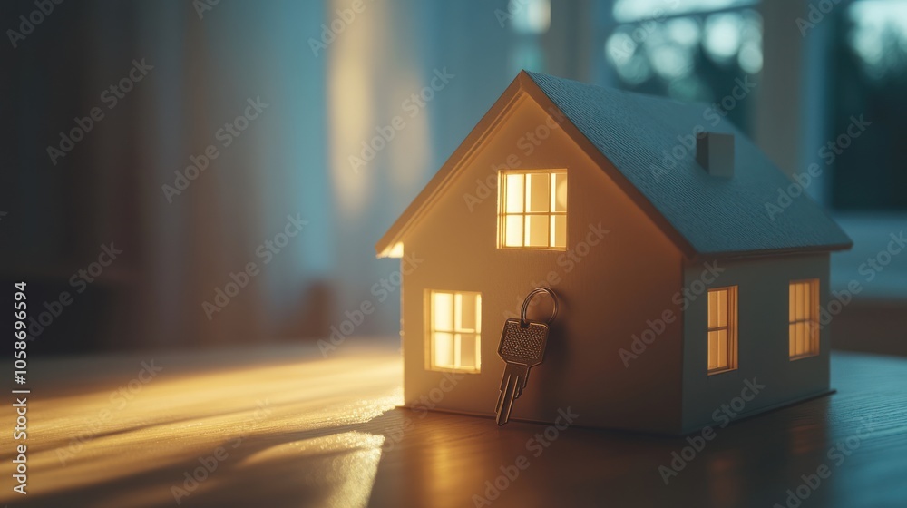 A miniature house with a key in front of it, lit from inside, sits on a wooden table. A miniature house with a key in front of it, lit from inside, sits on a wooden table.