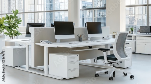 Spacious open plan office featuring a clean white mock-up wall for creative design presentations and ideas.