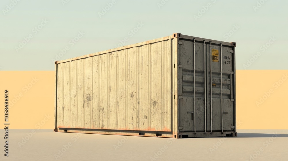 A weathered shipping container on a minimalist landscape. A weathered shipping container on a minimalist landscape.