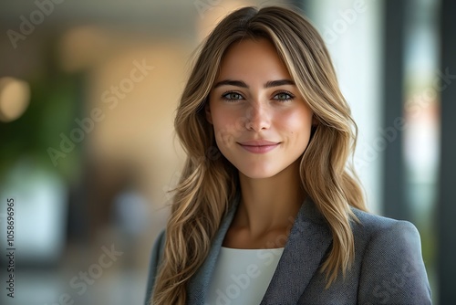 Confident Businesswoman in Gray Blazer Smiling at Camera1 photo