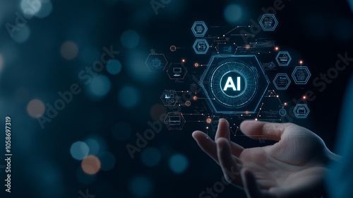 Photo of A hand holding an AI icon with the text AI floating above it, surrounded by digital symbols and icons representing artificial intelligence technology.