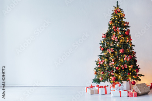 Decorating Christmas Tree with Gifts and Toys Interior New Year