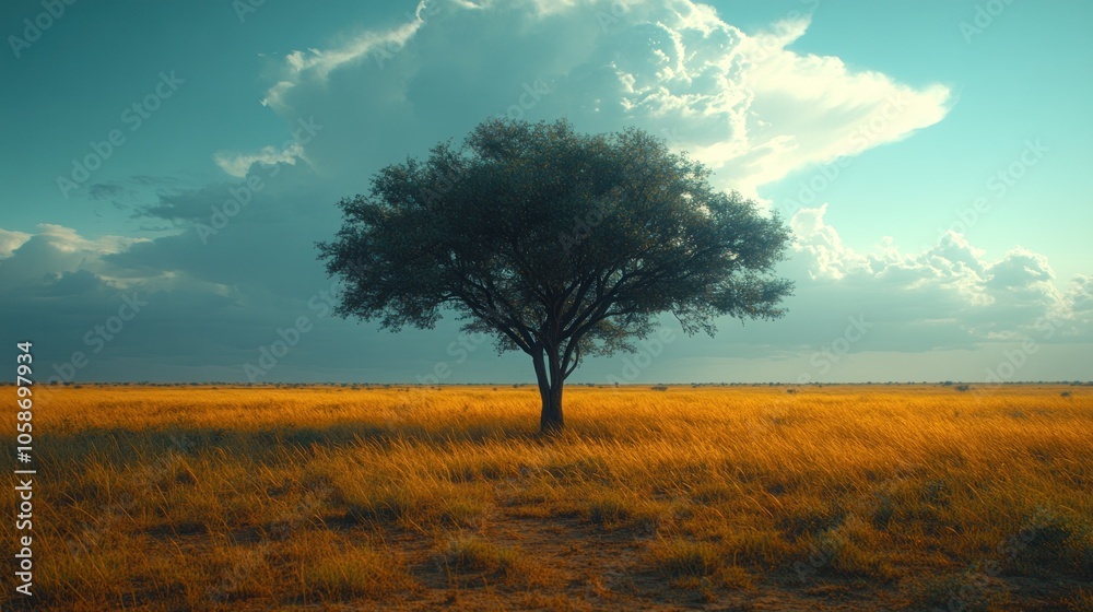 Lone Tree Standing Tall in a Vast Grassland Under a Dramatic Sky Lone Tree Standing Tall in a Vast Grassland Under a Dramatic Sky