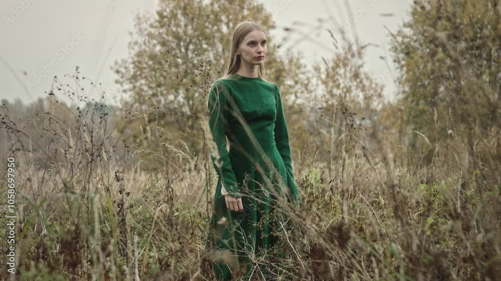 Woman modeling a green dress stands gracefully in a field, striking ...