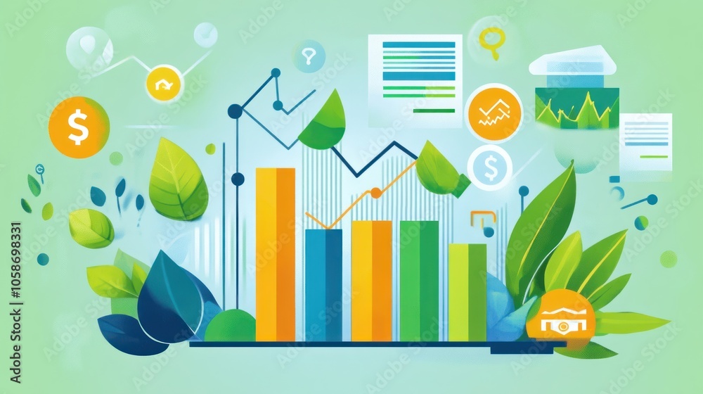 Green business growth represented by a bar graph with leaves and financial elements. Green business growth represented by a bar graph with leaves and financial elements.