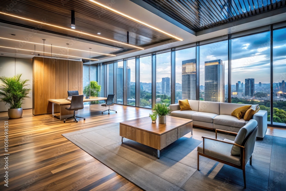 Fototapeta premium Minimalist Office Design with Modern Furniture, Large Windows, and Long Exposure Aesthetic for Bright, Spacious Workspaces