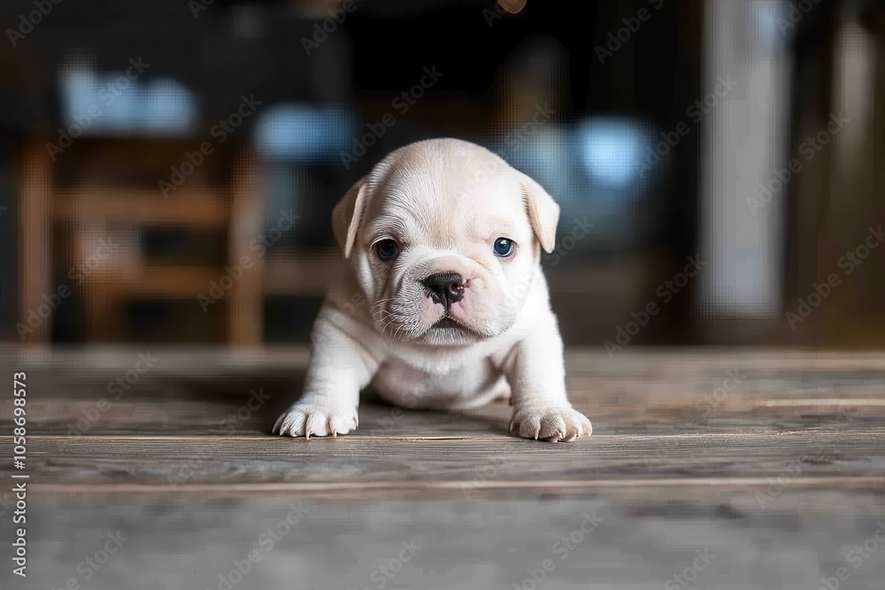 Bulldog puppy, round face with wrinkled skin, adorable and stocky, fawn ...