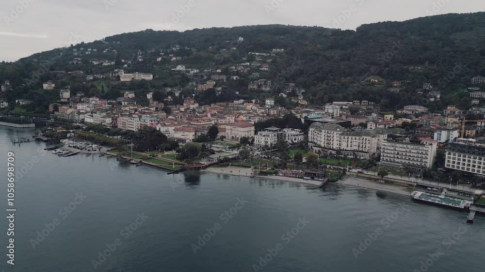 Stresa the small town at the Lago di Maggiore in Italy - aerial shot