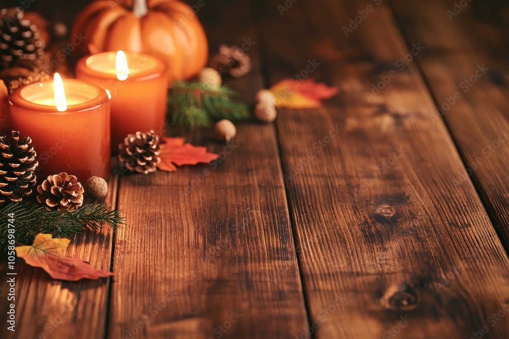 A cozy autumn arrangement featuring candles, pinecones, leaves, and pumpkins on a wooden table, evoking warmth and seasonal charm. A cozy autumn arrangement featuring candles, pinecones, leaves, and pumpkins on a wooden table, evoking warmth and seasonal charm.