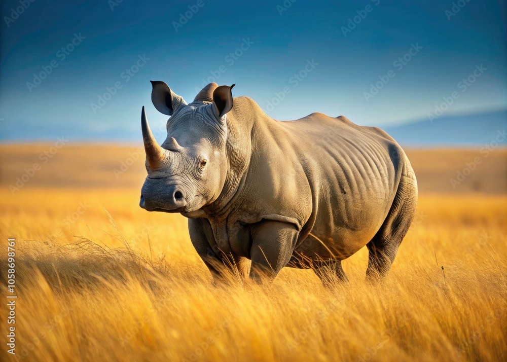 Obraz premium Minimalist Portrait of a Rhino in the African Savannah: Majestic Wildlife Photography, Nature Minimalism, African Landscape, Animal Conservation, Rhinos in Their Habitat, Natural Beauty