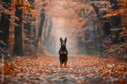 Doberman Pinscher adult dog, muscular with sleek black and tan coat, standing with confident and protective look