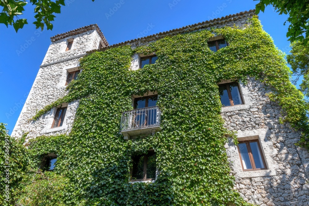 A stone building covered in lush green ivy under a clear blue sky. The structure features multiple windows and a balcony. A stone building covered in lush green ivy under a clear blue sky. The structure features multiple windows and a balcony.