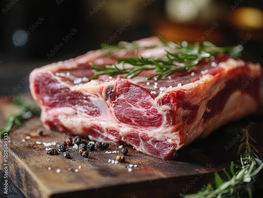 Raw beef short rib seasoned with salt, pepper, and rosemary. Raw beef short rib seasoned with salt, pepper, and rosemary.