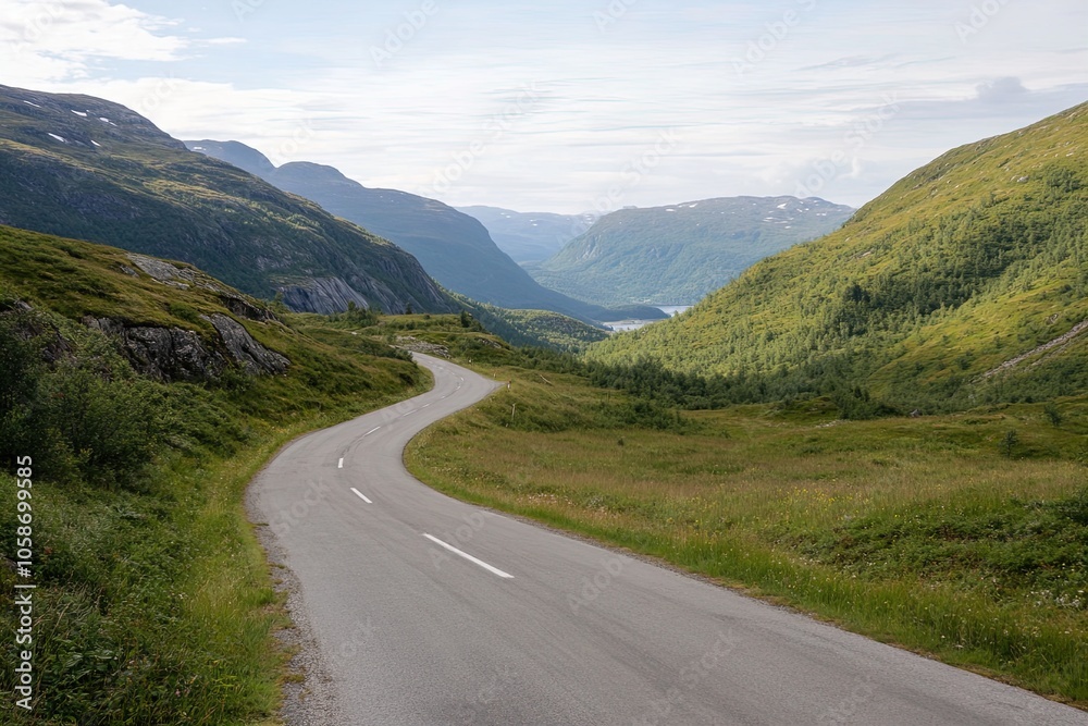 Fototapeta premium Winding Road Through Picturesque Green Valleys and Mountains in Norway During a Clear Day
