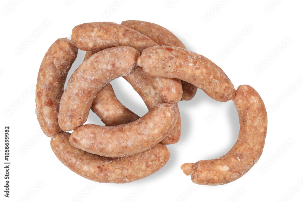 Sausages, semi-finished meat products, salads on a white background Sausages, semi-finished meat products, salads on a white background