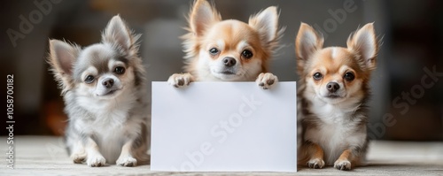 Three adorable Chihuahuas pose together, looking at the camera while holding a blank sign, embodying charm and companionship.