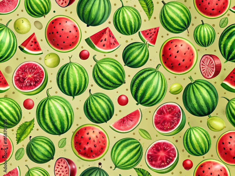 Lively watermelon pattern perfect for summer decor, textiles, and fashion. Ideal for backgrounds, fabrics, and creative projects, showcasing a refreshing fruit-inspired aesthetic. Lively watermelon pattern perfect for summer decor, textiles, and fashion. Ideal for backgrounds, fabrics, and creative projects, showcasing a refreshing fruit-inspired aesthetic.