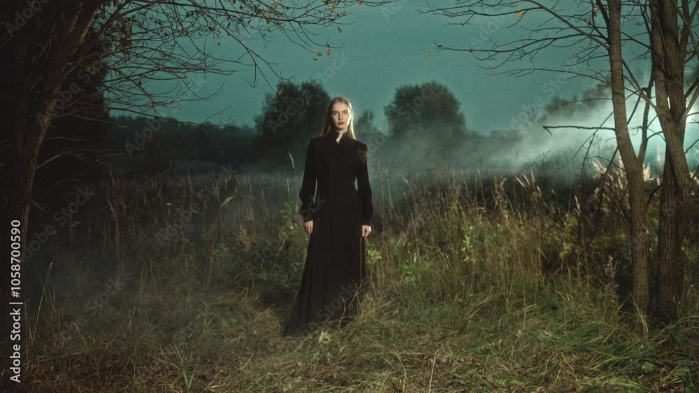 Fashion model posing in a dark, foggy forest, illuminated by dramatic stage lighting. Wearing a long black dress, she embodies elegance and mystery in a captivating outdoor setting