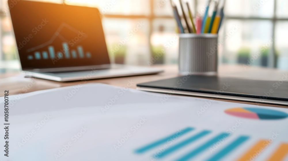 A modern workspace with a laptop displaying data charts, stationery items, and printed documents, highlighting productivity and data analysis.