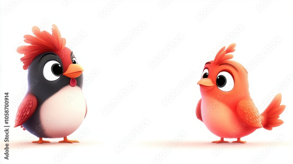 Two colorful animated birds facing each other, showcasing vibrant feathers and expressive eyes against a plain background. Two colorful animated birds facing each other, showcasing vibrant feathers and expressive eyes against a plain background.