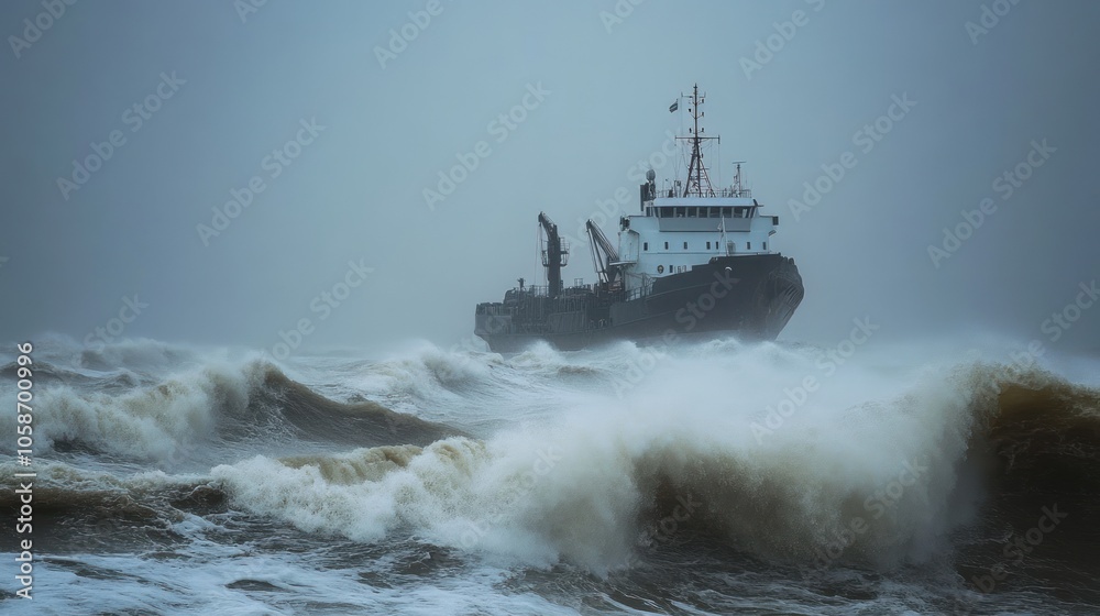 A large cargo ship braves a raging storm, with towering waves crashing around it. The ship is silhouetted against the grey sky, with only the mast and the top of the superstructure visible. A large cargo ship braves a raging storm, with towering waves crashing around it. The ship is silhouetted against the grey sky, with only the mast and the top of the superstructure visible.
