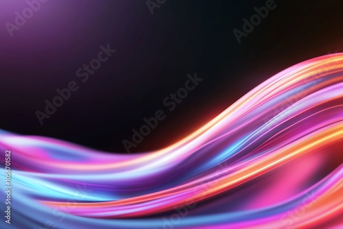 Abstract wave of vibrant pink and blue light on a black background.