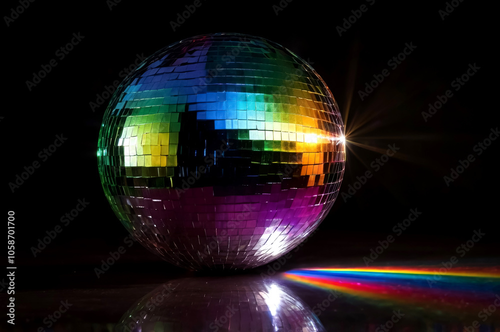 Colorful Disco Ball with Rainbow Light Reflection on Black Background Colorful Disco Ball with Rainbow Light Reflection on Black Background