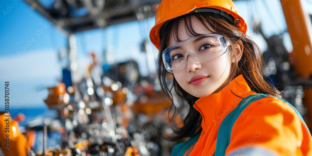 female engineer in orange safety uniform and helmet smiles confidently at industrial site, showcasing her expertise and dedication female engineer in orange safety uniform and helmet smiles confidently at industrial site, showcasing her expertise and dedication