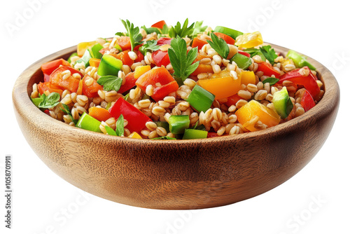Spelt grain salad with bell peppers, PNG isolated on transparent background, white background.