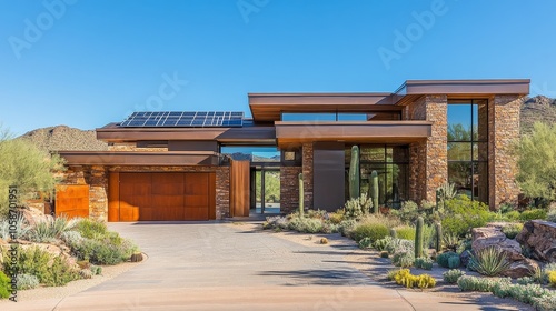 Modern Solar-Powered Home in Arizona on a Sunny Day,Concept of sustainable living, eco-friendly architecture, renewable energy, modern design, Arizona lifestyle, home ownership, garage storage.