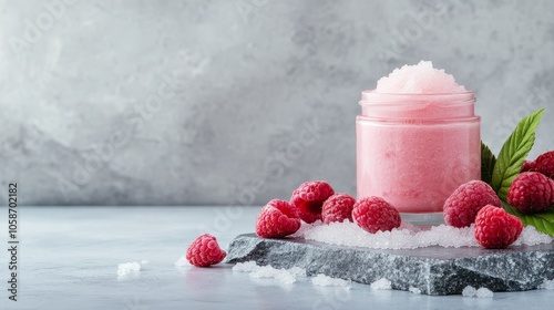 Glass jar lip scrub on granite slab with crushed raspberries and sugar crystals, minimalist style, clean background, high-res studio product photography.