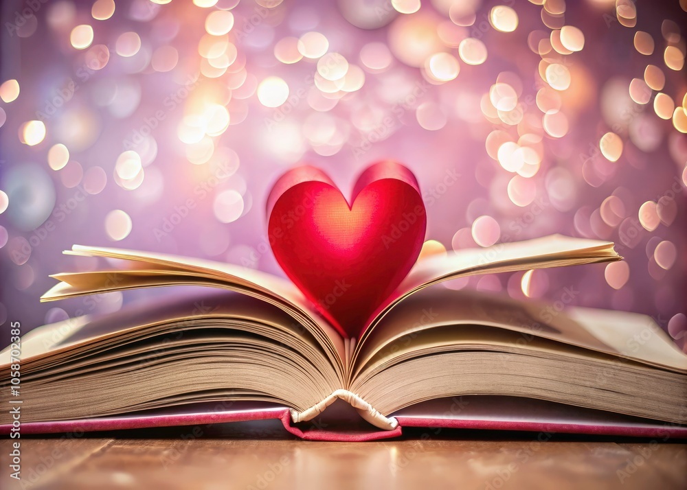 Open Book with Heart-Shaped Paper on Pink Bokeh Background for Book Lovers Day Celebration, Heartfelt Reading Concept, Romantic Literature, Love for Books Open Book with Heart-Shaped Paper on Pink Bokeh Background for Book Lovers Day Celebration, Heartfelt Reading Concept, Romantic Literature, Love for Books
