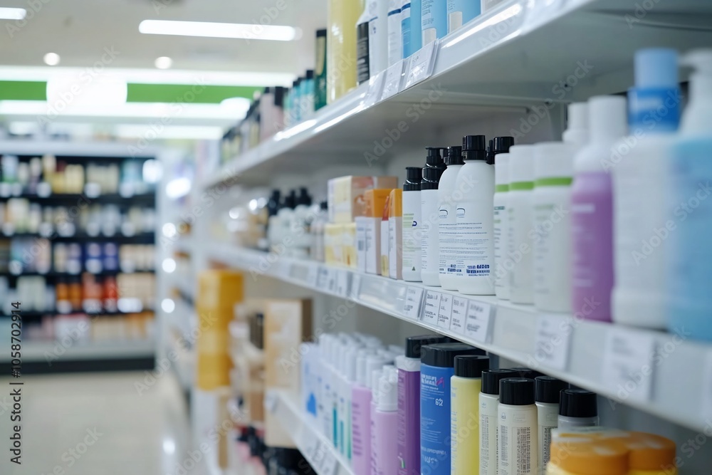 Aisle of colorful bottles of shampoo, conditioner, and body wash on a shelf in a grocery store.