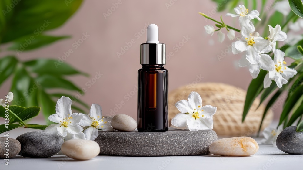 Essential oil roller bottle on ceramic tile with jasmine blossoms and smooth pebbles, minimalist style, clean background, high-res studio shot for ads Essential oil roller bottle on ceramic tile with jasmine blossoms and smooth pebbles, minimalist style, clean background, high-res studio shot for ads