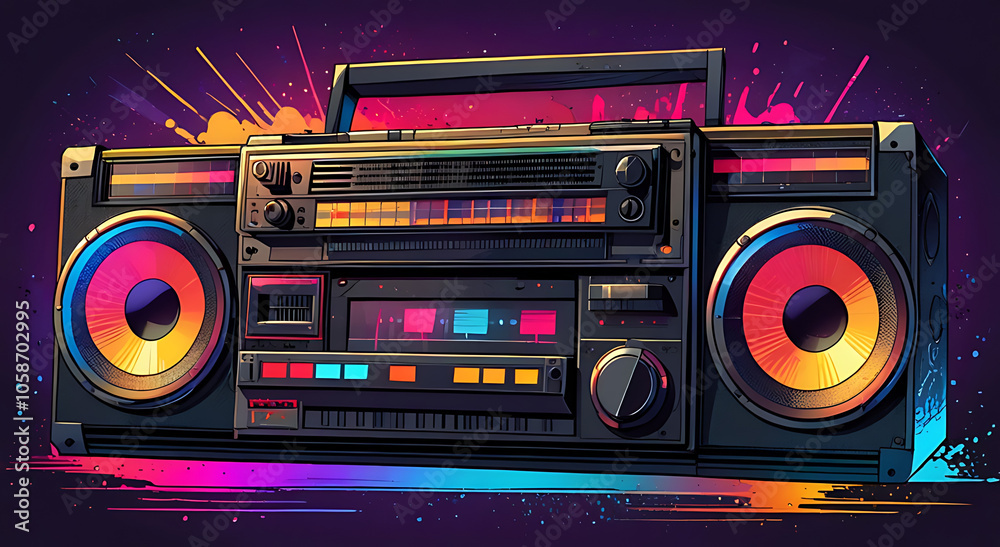 Fototapeta premium A vintage boombox with colorful, pulsating equalizer bars around it, capturing the energy and excitement of retro music culture.