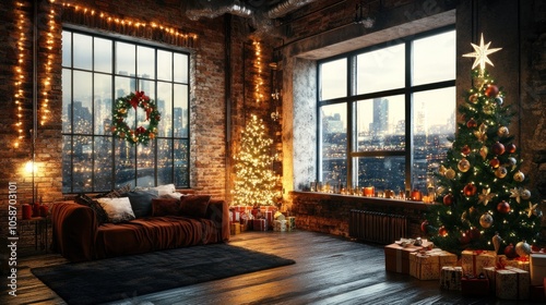 A cozy loft apartment with two decorated Christmas trees and a city view through large windows.