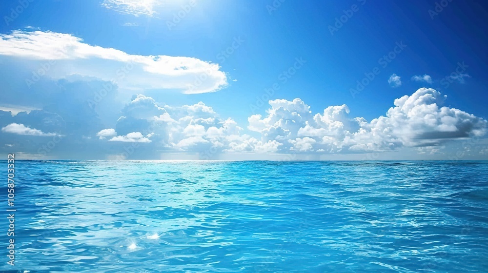The captivating combination of a blue sky with fluffy white clouds, the vast expanse of the sea, and the vibrant green plants, enjoy the tranquility of nature.Generative AI