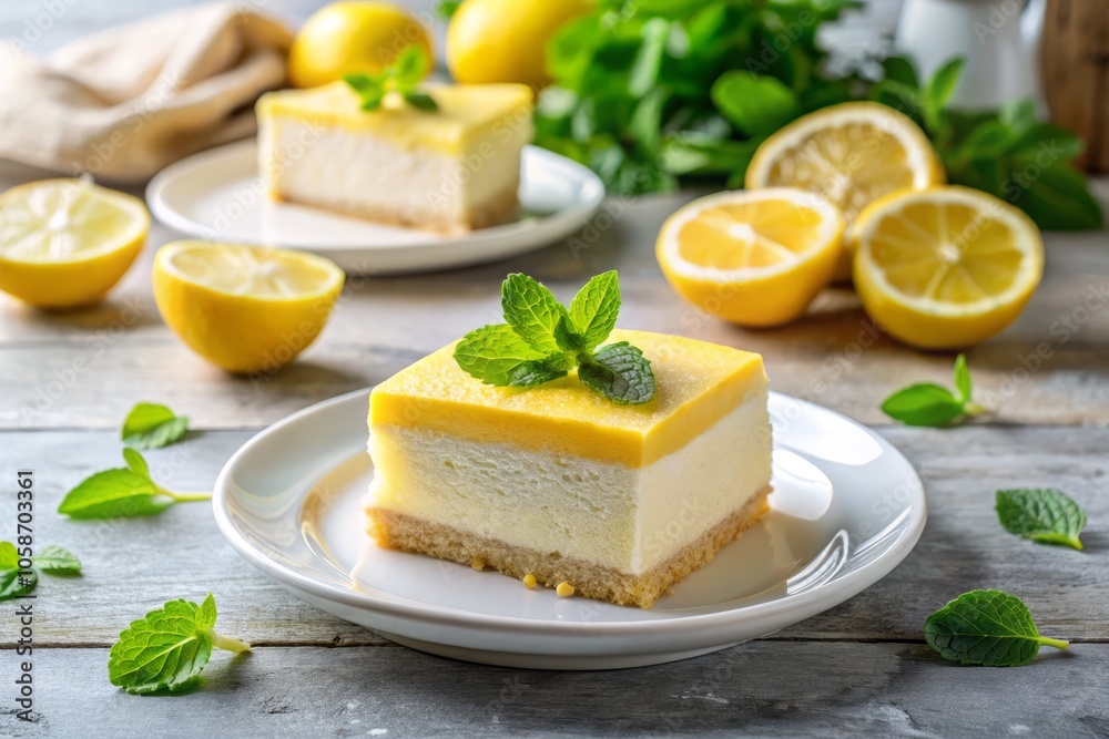 Minimalist Lemon Cake Slice with Fresh Lemon and Mint – Aesthetic Dessert Photography for Food Lovers, Baking Inspiration, and Culinary Art Enthusiasts
