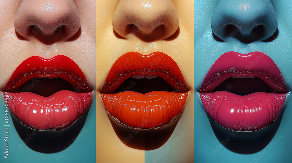 Fototapeta premium Set of lips with different applied lipsticks, closeup