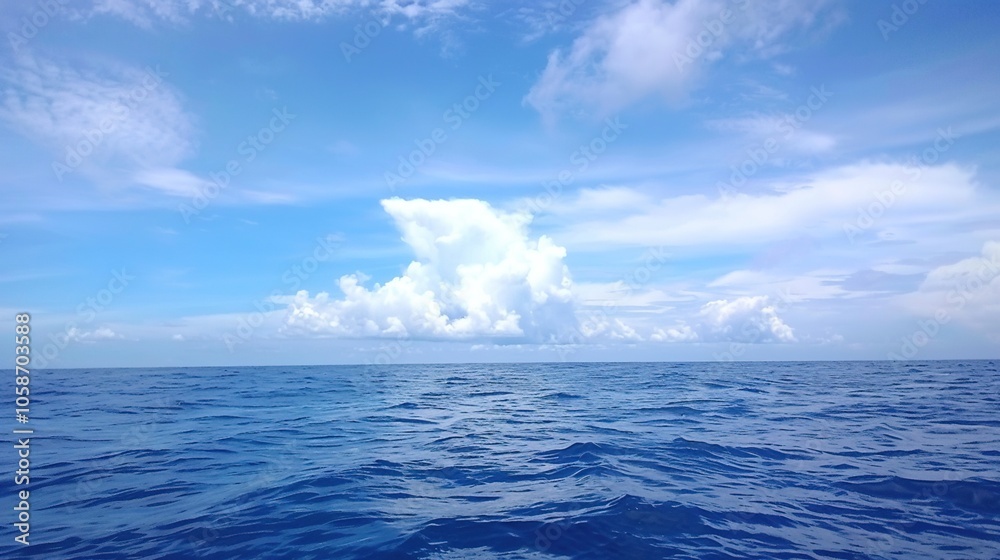 Obraz premium The captivating combination of a blue sky with fluffy white clouds, the vast expanse of the sea, and the vibrant green plants, enjoy the tranquility of nature.Generative AI