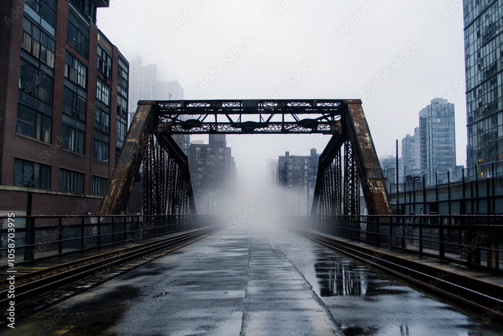 Obraz premium Fog envelops the old train bridge in a cityscape at dawn
