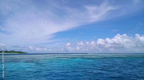 The captivating combination of a blue sky with fluffy white clouds, the vast expanse of the sea, and the vibrant green plants, enjoy the tranquility of nature.Generative AI