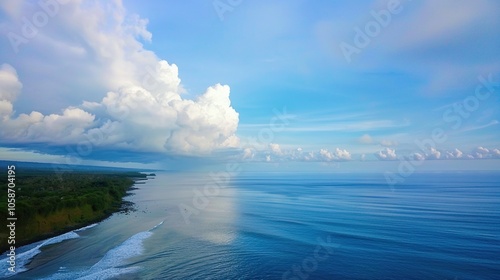 The captivating combination of a blue sky with fluffy white clouds, the vast expanse of the sea, and the vibrant green plants, enjoy the tranquility of nature.Generative AI