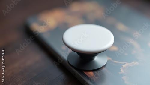 A round popsocket on the back of a phone with a blank, customizable surface. Realistic mockup with minimalistic style, soft lighting, and no glare. photo