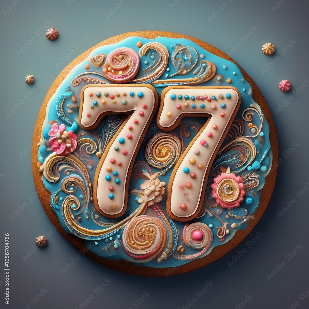 Fototapeta premium Decorated cookie, number 77, image for birthday or anniversary celebration