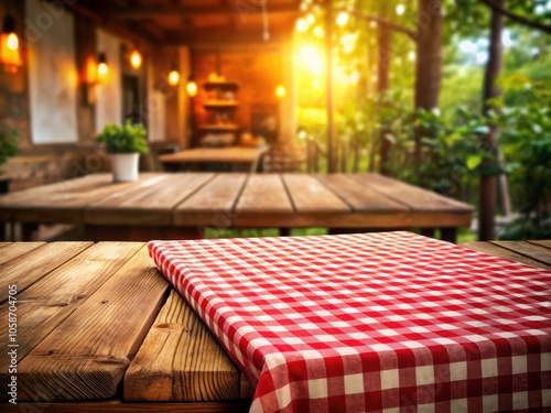 Rustic Dining Scene with a Red and White Checkered Tablecloth on a Wooden Table, Perfect for Cozy Meals, Picnics, and Culinary Settings