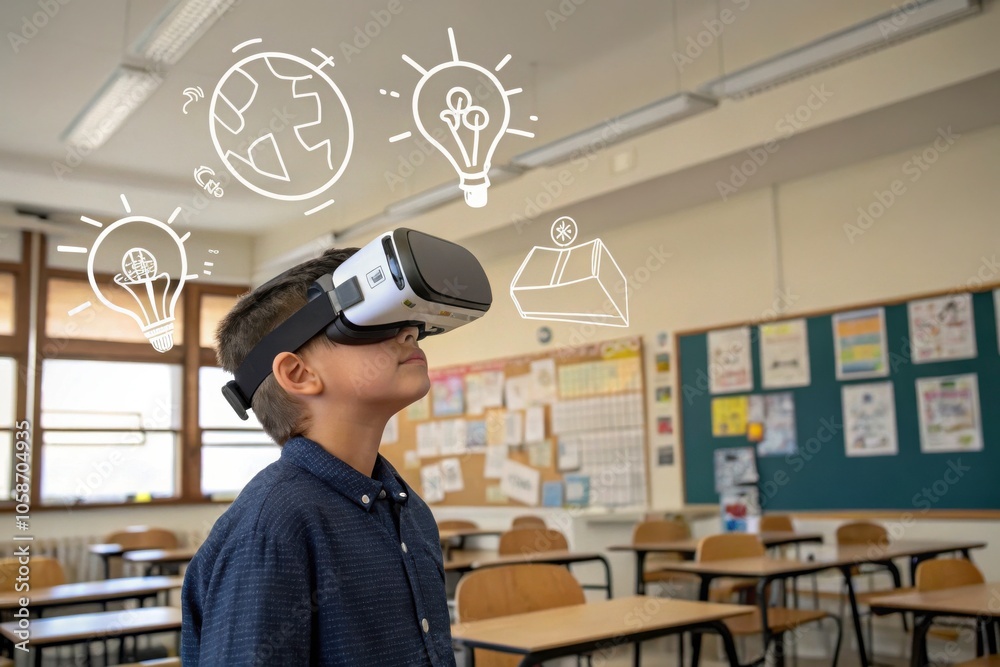 Student using VR headset in a classroom setting. Student using VR headset in a classroom setting.