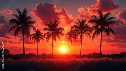 tropical sunset with palm trees silhouetted against bright orange sky captures the essence of summer evenings