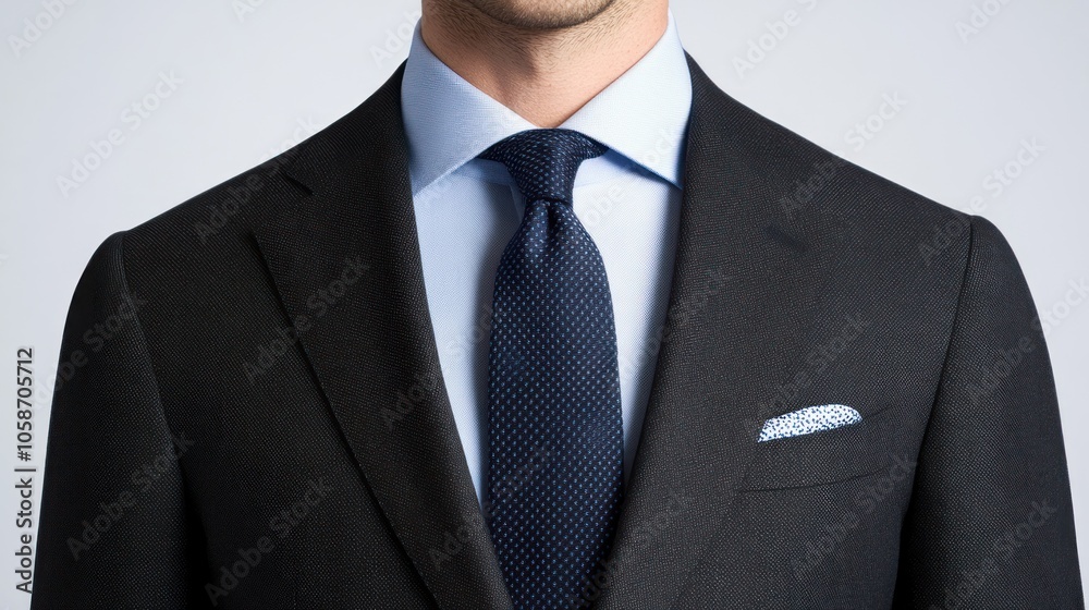A close-up of a man's suit jacket, shirt, and tie. The suit is black, the shirt is light blue, and the tie is dark blue with a patterned design. The suit has a pocket square in the upper left pocket. A close-up of a man's suit jacket, shirt, and tie. The suit is black, the shirt is light blue, and the tie is dark blue with a patterned design. The suit has a pocket square in the upper left pocket.